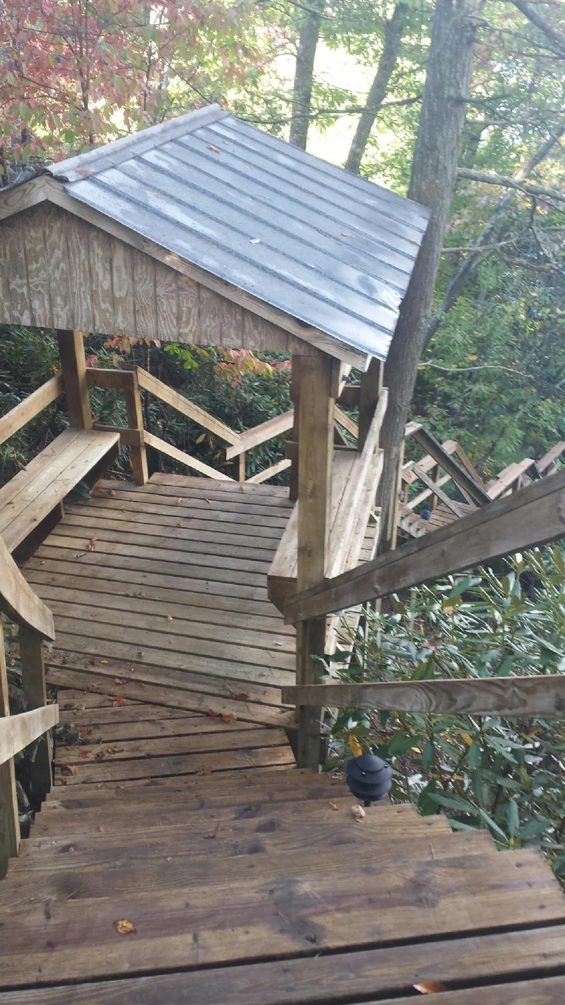 Metal roofed shelter over wooden steps on a wooded walkway — Skylight Repair & Installation work by our crew in Stoutsville